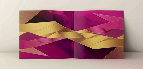 Elegant magenta and gold geometric brochure cover, ideal for promoting art exhibitions and gallery events.