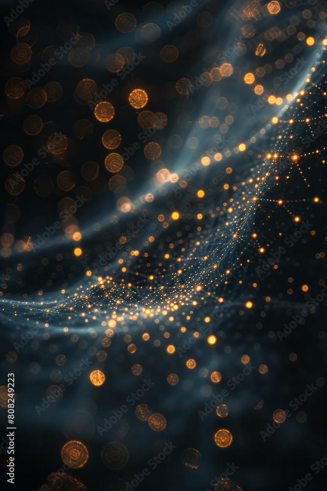 Poster an array of fine metallic threads sewn on dark cloth, forming intricate constellations that shimmer 