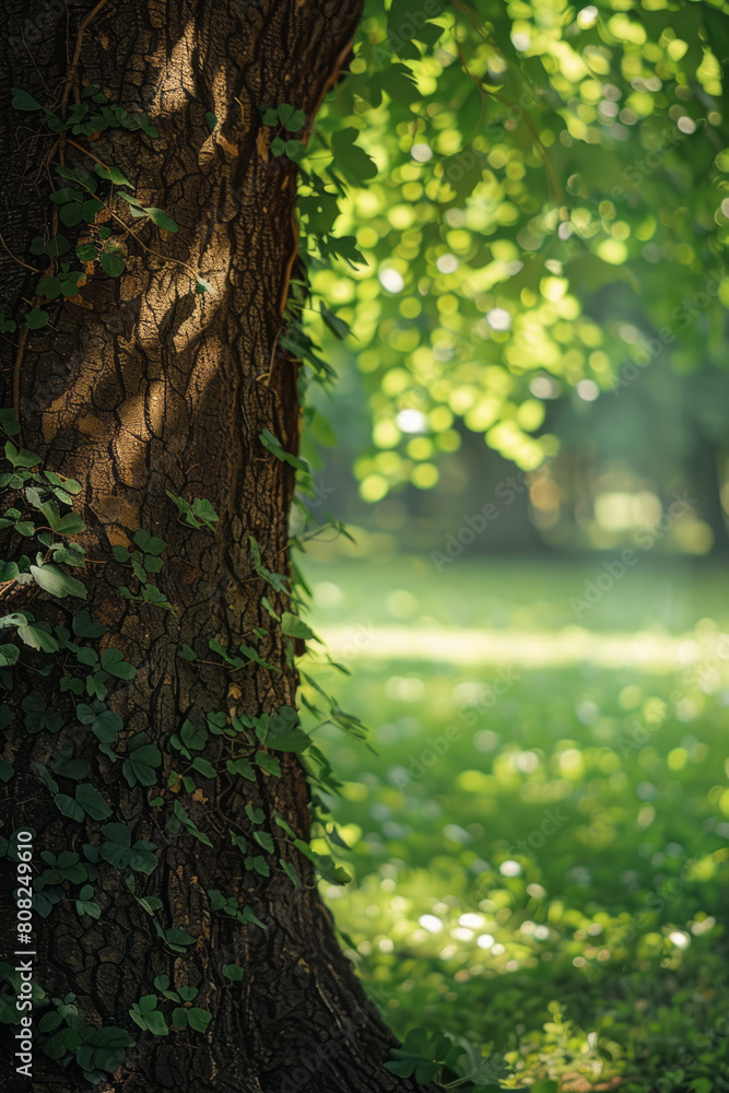 Poster a representation of summer shadows under a tree, using darker patches of green and brown to suggest 