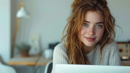 A young woman with a stunning smile works diligently on her laptop in a pleasant, well-lit environment, exuding positivity and concentration. Copy space.