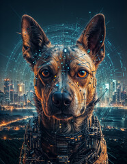 cybernetic dog looks out over a city at night. The dog has a circuit board collar and the city has a digital aura.