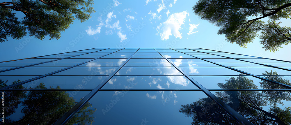 Poster a business concept of future architecture through a 3d simulation of a high-rise curved glass buildi