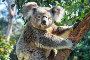 Obraz premium Koala Sitting in Tree, Looking at Camera