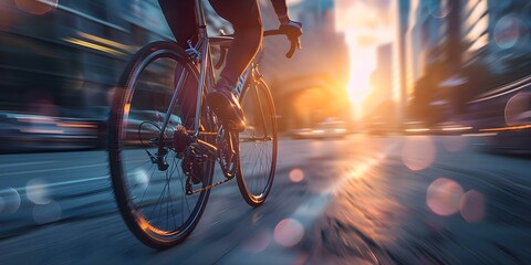 Closeup of bicycle riding in a modern city during golden hour. Concept Cityscape, Urban Cycling,...