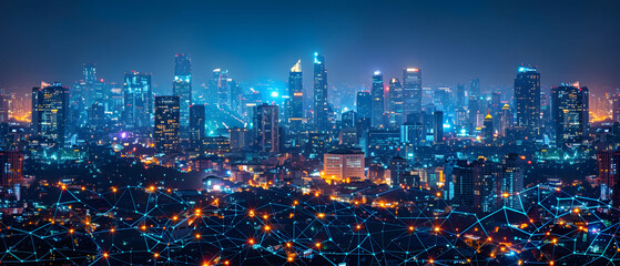 Crafting smart networks and accessing the internet after dark in Thailand, panoramic view of Bangkok city at night.