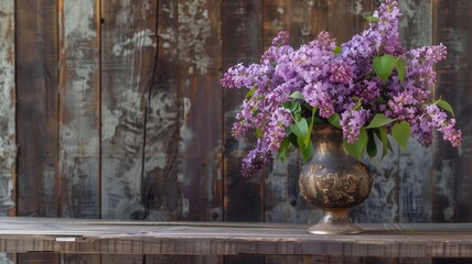 A vintage floral arrangement of lilac flowers in a rustic vase on a wooden surface.