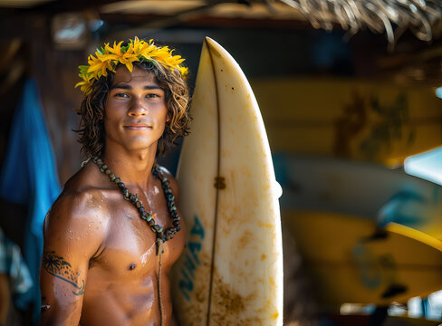 Fototapeta Portrait of a handsome native hawaiian young man with surfboard having fun and relaxing on the beach. Summer vacation concept