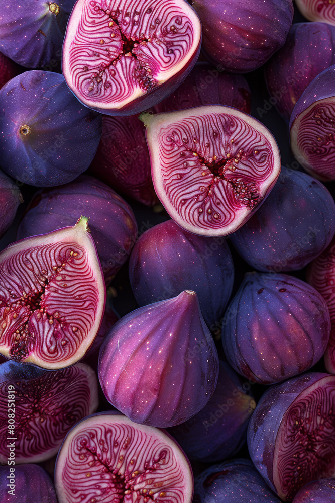 Poster stenciled outlines of figs filled with deep purples and vibrant reds, the spaces between filled with