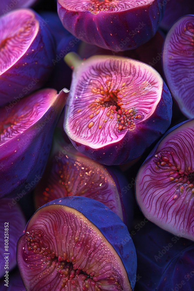 Poster stenciled outlines of figs filled with deep purples and vibrant reds, the spaces between filled with
