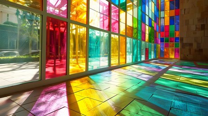 A close up of a colorful glass wall in a building - Powered by Adobe