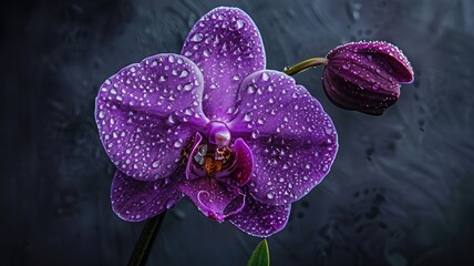 A striking purple orchid with dew drops on a dark background.