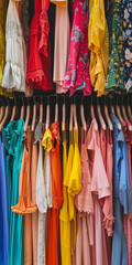 Bright and colourful clothes rail or wardrobe interior with bold garments, pattern and rainbow colour palette