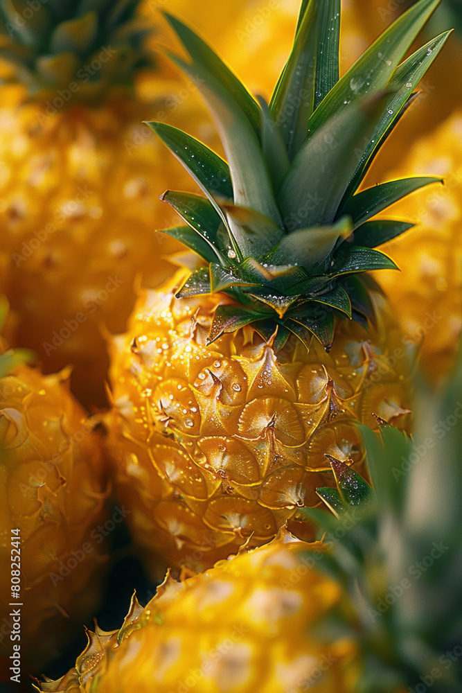 Poster an abstract depiction of pineapple, with sharp, spiky patterns in yellow and green that capture the 
