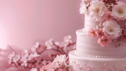 A white wedding cake stands adorned with delicate pink flowers, creating a stunning centerpiece