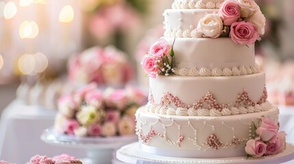 A stunning wedding cake beautifully decorated with delicate pink and white flowers