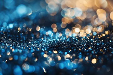 Fototapeta premium Sapphire glitter bokeh background. Unfocused shimmer royal blue sparkle. Crystal droplets glitter wallpaper, Ai generated