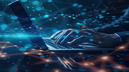 a business man using a laptop overlaid with social media icons and a hexagon on a vibrant blue background.