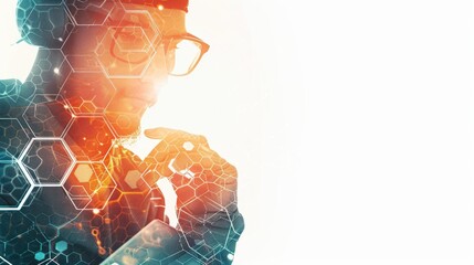 a business man using a laptop overlaid with social media icons and a hexagon on a vibrant blue background.