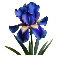 A blue iris flower with yellow center and green leaves. It is a beautiful and elegant flower that can be used in various designs and themes TRANSPARENT PNG ULTRA HD 8K