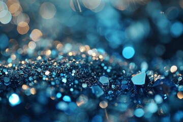 Sapphire glitter bokeh background. Unfocused shimmer royal blue sparkle. Crystal droplets glitter wallpaper, Ai generated
