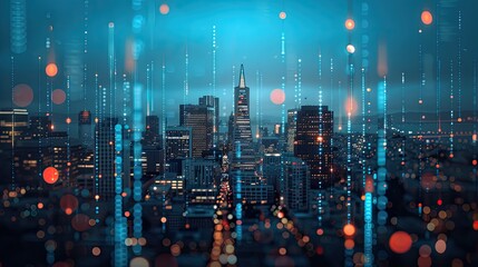 the city skyline adorned with financial graphs and stock market data overlay, symbolizing the pulse of global trading and business activity.