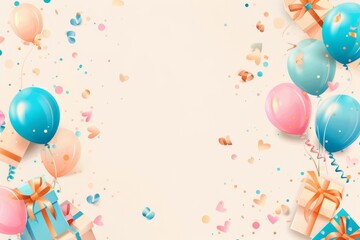 birthday party background with balloons and gifts on the right side, white space in the center for text Generative AI