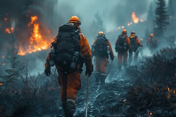 Fototapeta premium A group of firefighters in protective gear walking towards a massive forest fire, with flames and smoke
