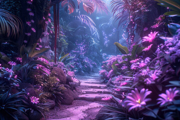 A fantasy jungle scene glowing with bioluminescent plants and flowers, casting eerie lights in purples and blues,