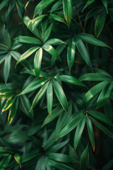 A dense thicket of bamboo, the stalks painted in vivid greens and the leaves creating a pattern of light and shadow,