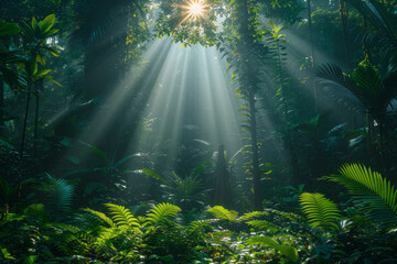 A burst of sunlight filtering through a high jungle canopy, illuminating the varied greens and creating patterns on the forest floor,