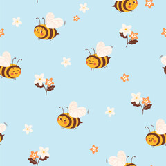 Cute seamless pattern with bees.  Vector illustration. Illustration of bee and flowers, Spring and summer card, design for poster, stickers, banner. Floral summertime hand drawn prints design.