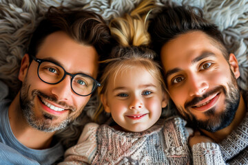 Fototapeta premium Cheerful family lying down together at home with smiling faces and a sense of warmth and happiness.