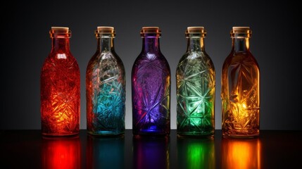 Food coloring in glass bottles on black background isolate, yellow, blue, green, orange, red bottles of food coloring. Glassware with Colorful Ingredients. Magic mixture, alchemist or sorcerer lab