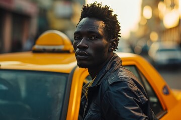 Handsome afro american taxi driver near car on city street. Modern city transportation