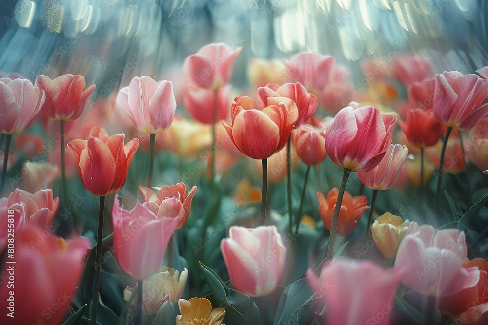 Poster an explosion of tulip colors in an abstract style, where the boundaries between the blooms blur into