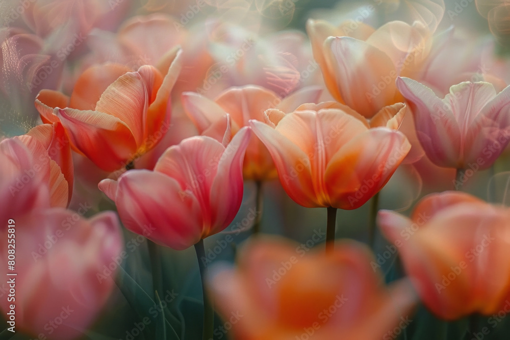 Poster an explosion of tulip colors in an abstract style, where the boundaries between the blooms blur into