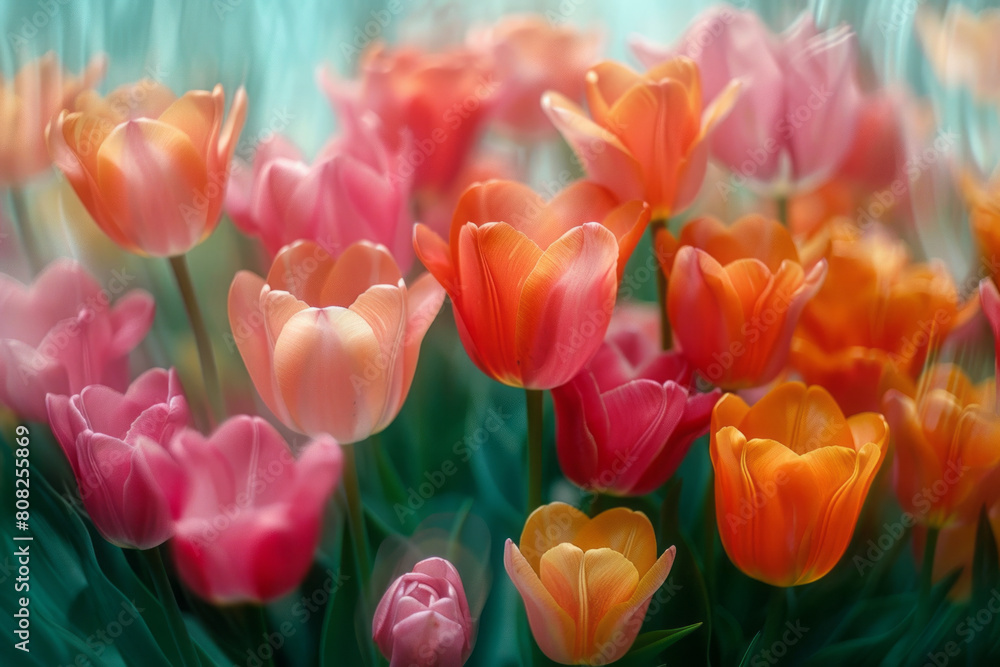 Poster an explosion of tulip colors in an abstract style, where the boundaries between the blooms blur into