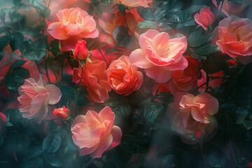 Obraz premium A rhythmic pattern of abstract roses, with petals and leaves intertwining in a dance of reds, pinks, and greens,