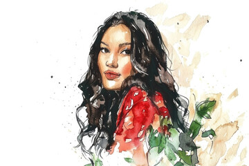 A watercolor painting depicting a woman with flowing long hair