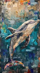 Dolphin collage. Art Combined, charming and unique artwork. Dolphin in the water