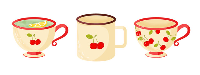 Set of cups with berry pattern. Summer vector illustration in flat style isolated on white background