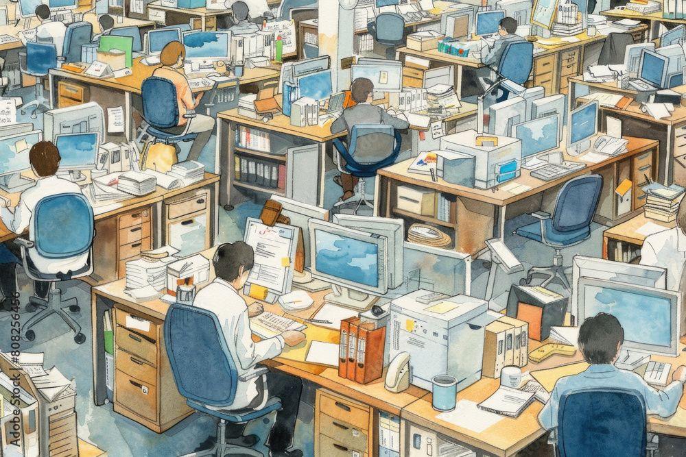 Poster several individuals are focused as they work on tasks at desks in an office setting