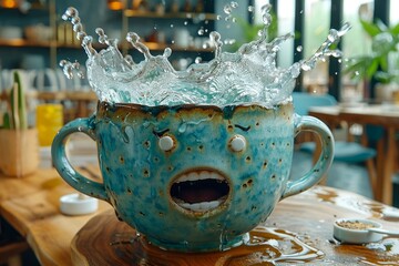 A ceramic cup with a face on it is overflowing with water