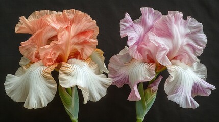   A few pink and white flowers sit together on a dark background against a black backdrop