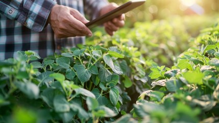 Male farmer holding tablet on soybean field, using technology in agriculture for farming management