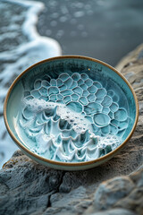 A hand-painted ceramic plate with glazes flowing into each other, representing the merging of sea waves with the beach,