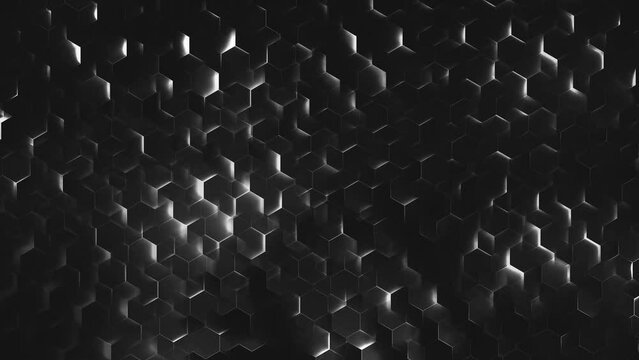 Dark Glowing Hexagons. Geometric pattern with white edges on a black background. Looped video.