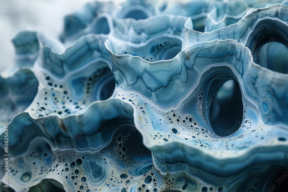 Poster a textured sculpture with layers of resin in varying shades of blue, each layer adding depth like th