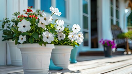 a row of white flower pots adorned with lush green plants, complemented by an outdoor table and chairs on a street corner, with a charming blue door in the background, illuminated by the warm rays.