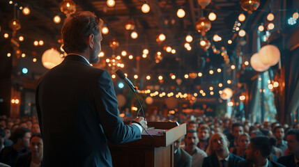 Fototapeta premium Man delivers speech to attentive audience in grand hall.